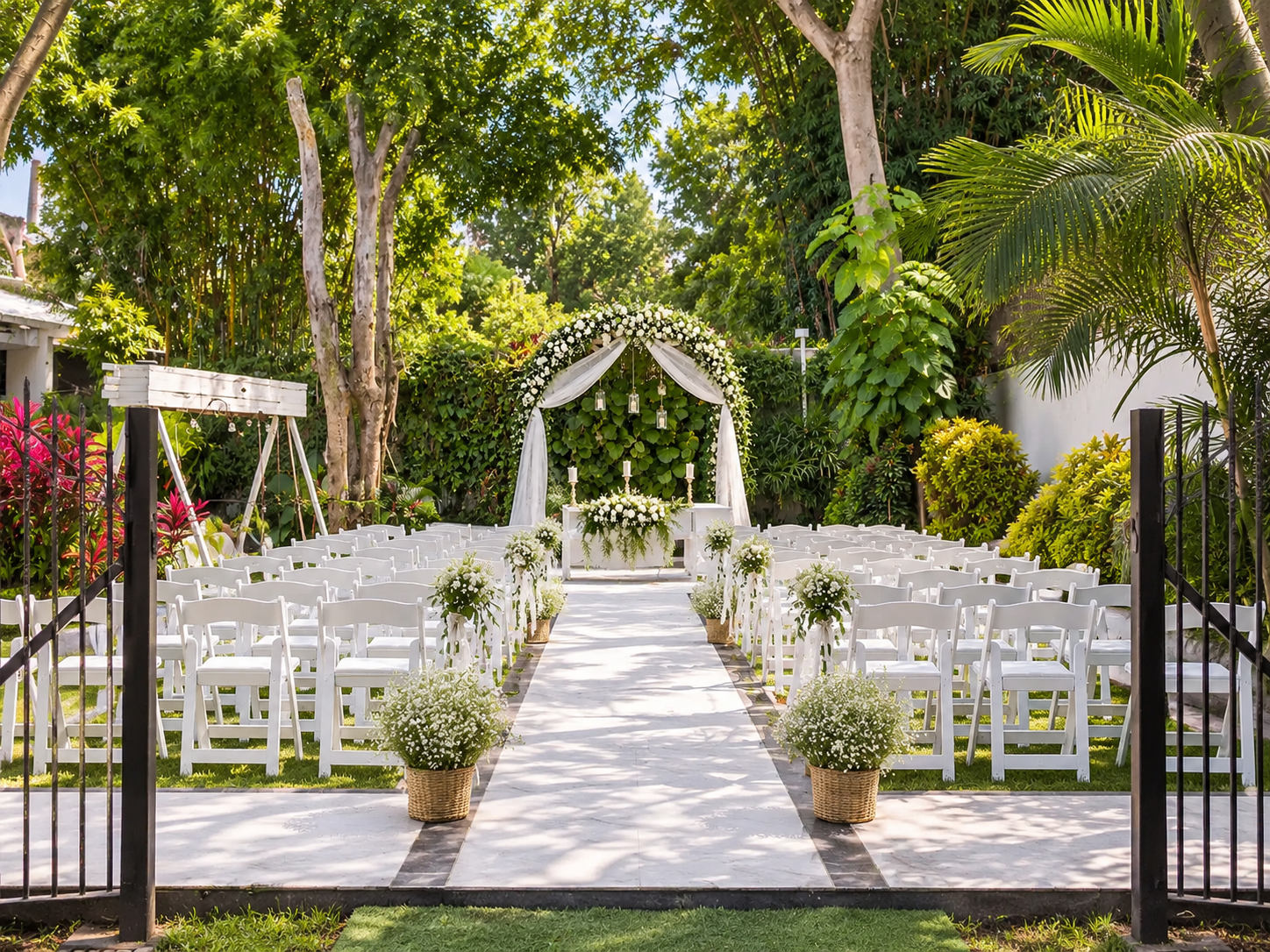 Ceremonia de boda al aire libre con arco floral blanco y sillas blancas en el jardín de Allegra 55, Cuernavaca