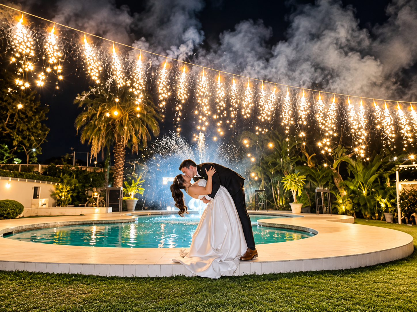 Beso de novios frente a la alberca con cascada de pirotecnia en boda nocturna en Jardín Allegra 55