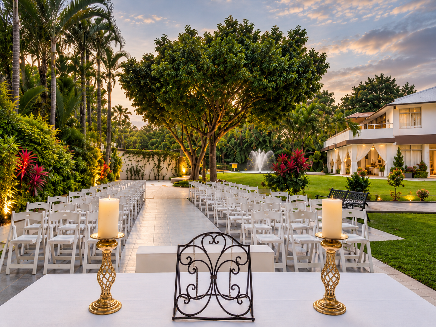 Ceremonia montada al atardecer con pasillo central y fuente en el jardín de Allegra 55, Cuernavaca