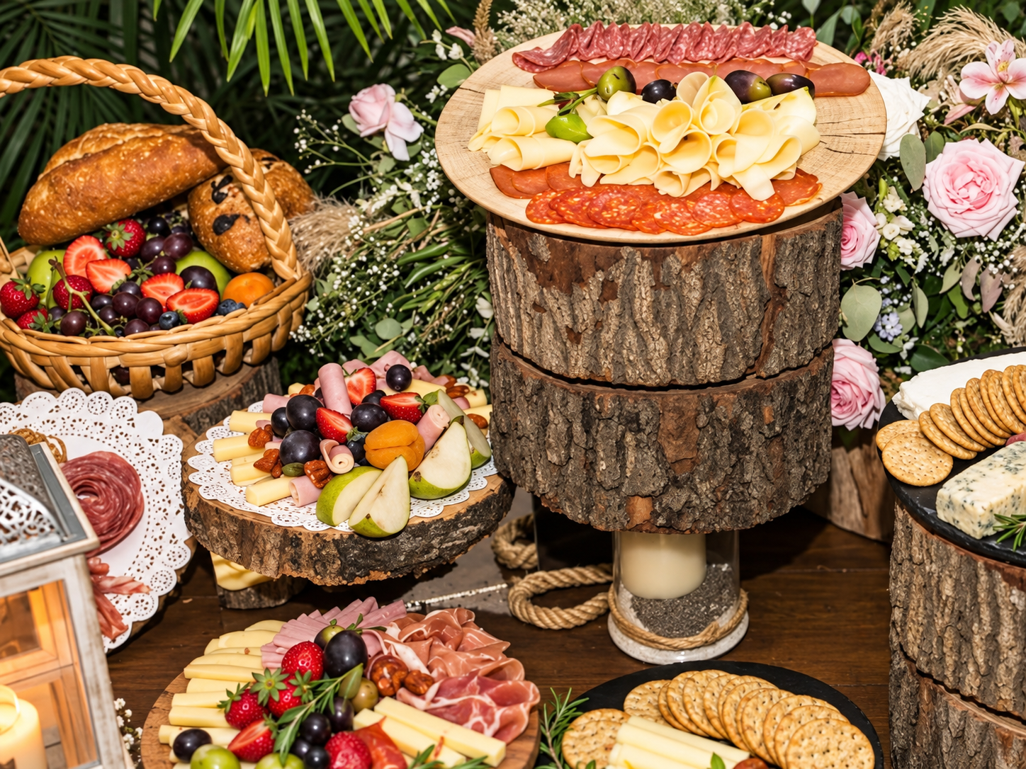 Mesa de crudités con quesos, carnes frías y frutas para recepción de boda en Jardín Allegra 55