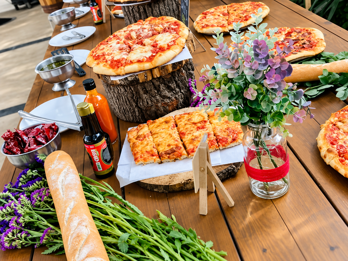 Pizzas artesanales servidas en mesa de madera durante el after party de una boda en Jardín Allegra 55
