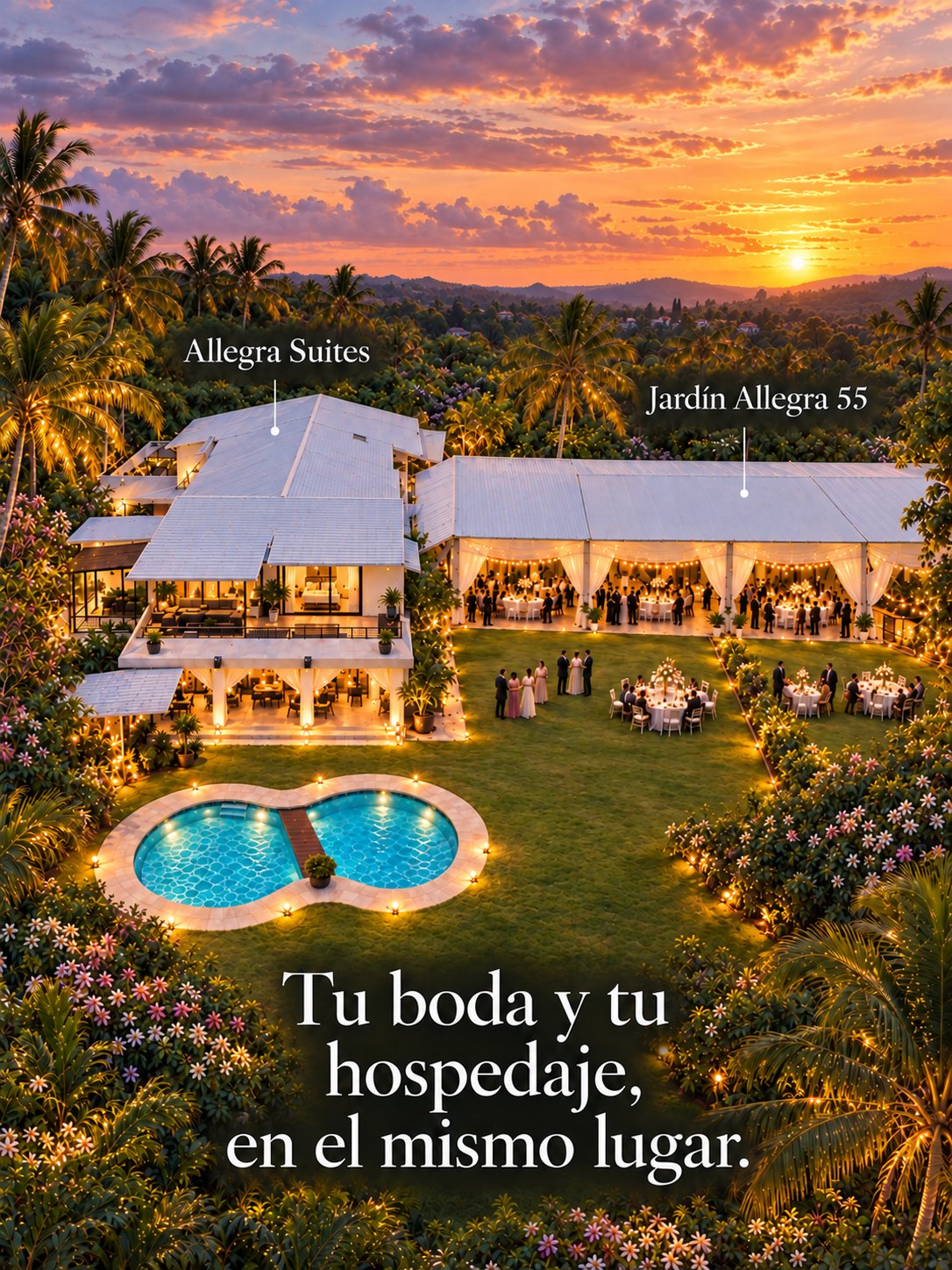 Vista de Allegra Suites junto a Jardín Allegra 55 al atardecer, con alberca y hospedaje dentro del mismo terreno en Cuernavaca.