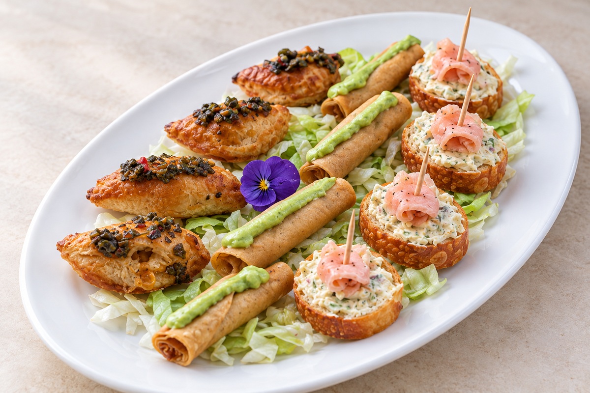 Canapés mexicanos con bocados de hojaldre, taquitos dorados con salsa verde y tostadas de pan con crema de hierbas sobre una charola blanca.