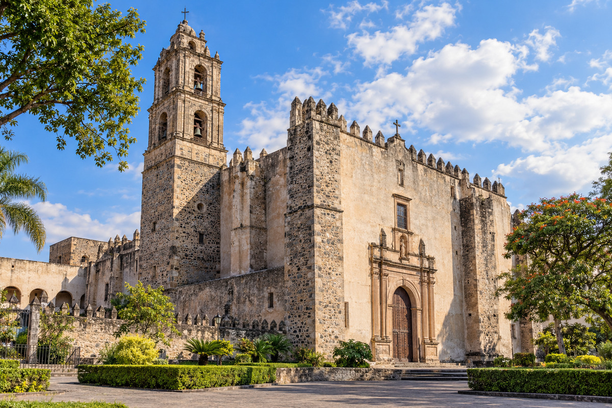 Cuernavaca Cathedral, Morelos, viewed from the atrium with stone walls, a bell tower and gardens.