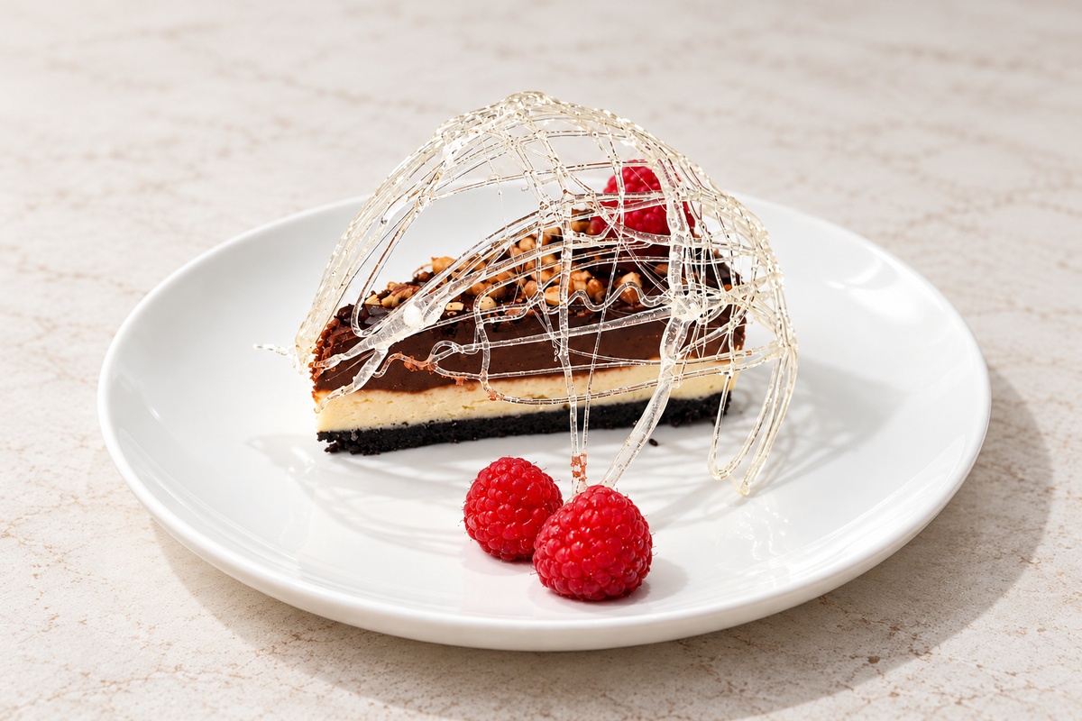 Rebanada de cheesecake doble chocolate con nueces, cúpula de azúcar hilada y frambuesas sobre un plato blanco.