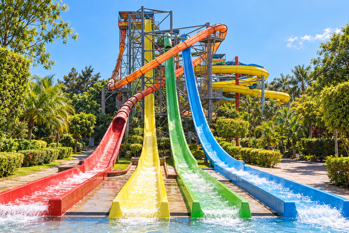 Red, yellow, green and blue slides at El Rollo water park in Tlaquiltenango, Morelos.