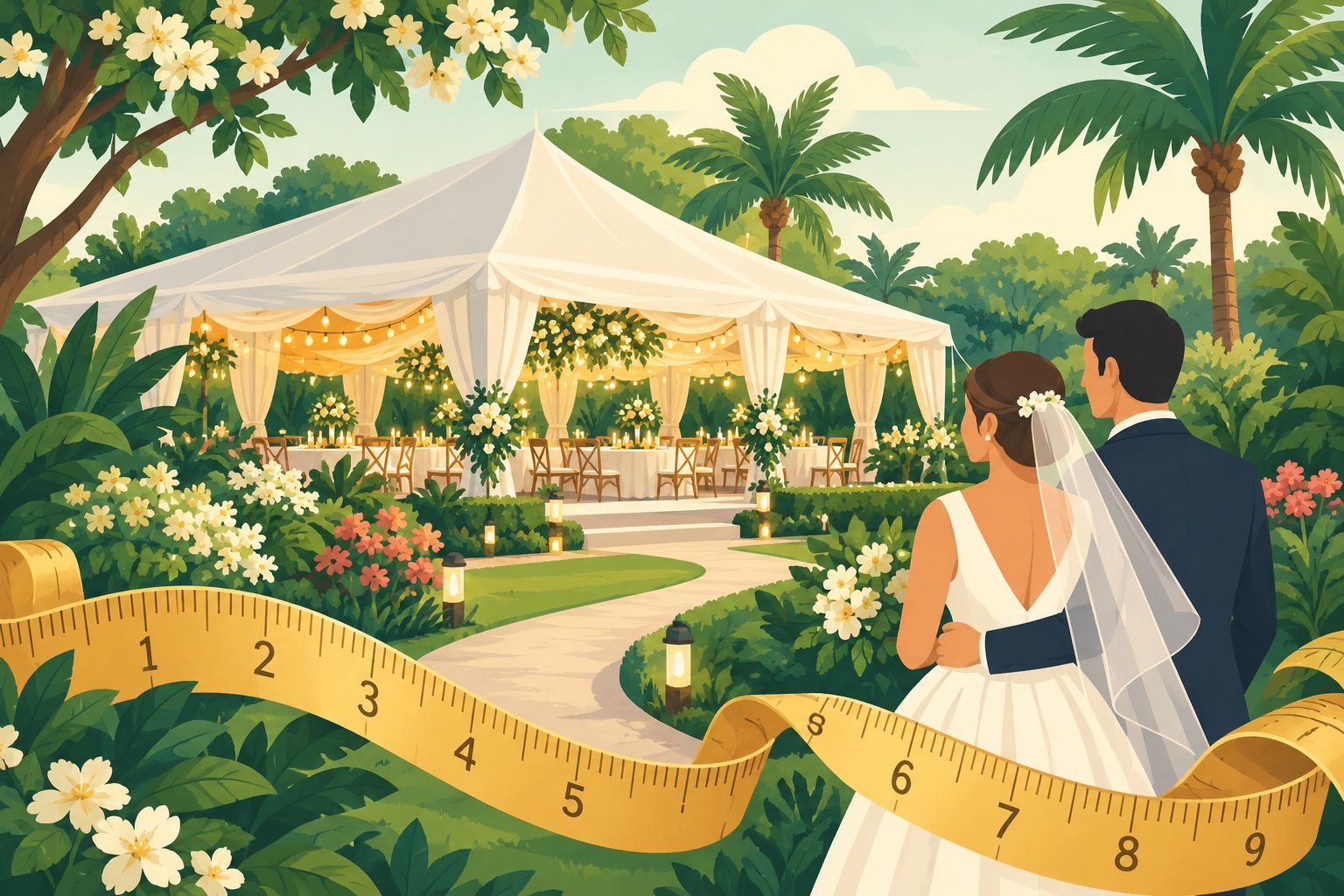 Ilustración de novios, carpa y jardín con cinta métrica: El tamaño SÍ importa, Jardín Allegra 55