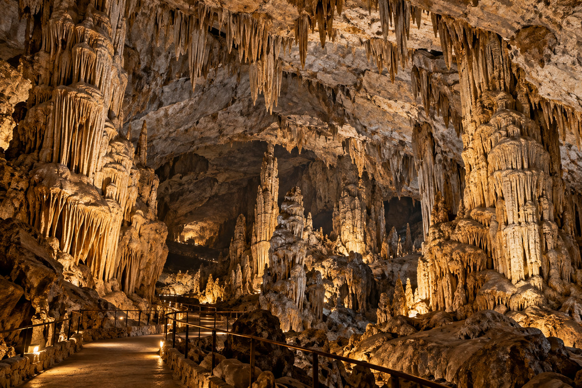 Interior of the Grutas de Cacahuamilpa caves in Guerrero, with stalactites, stalagmites and an illuminated path.
