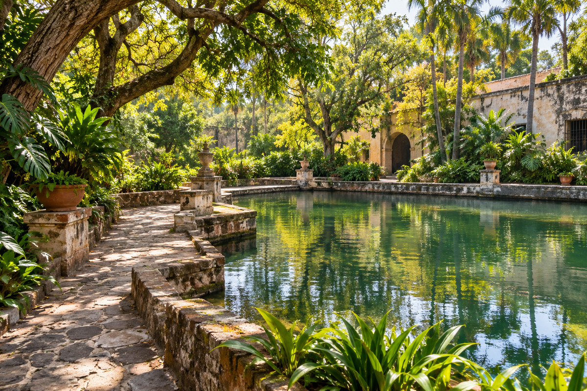 Pond and stone paths among trees in a scene inspired by Jardín Borda, Cuernavaca.