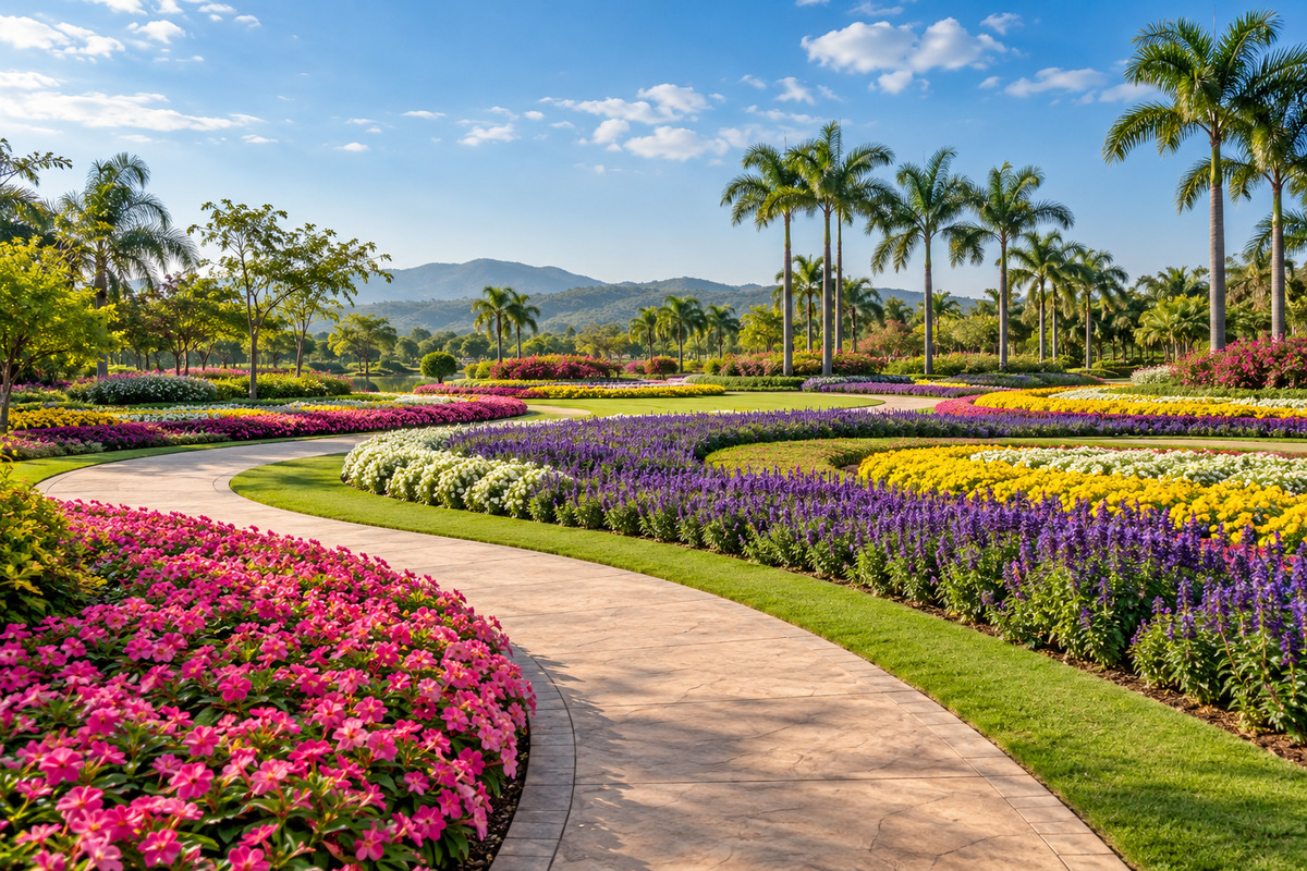 Colorful flower gardens and curved paths inspired by Jardines de México, Morelos.