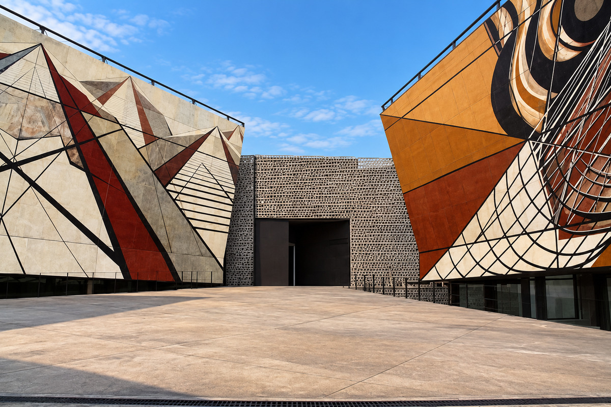 Courtyard at La Tallera in Cuernavaca, Morelos, flanked by large geometric mural panels.