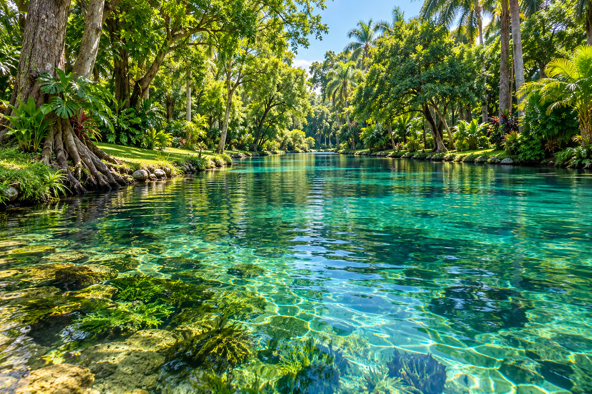 Clear turquoise river surrounded by trees and palms, inspired by Las Estacas, Morelos.