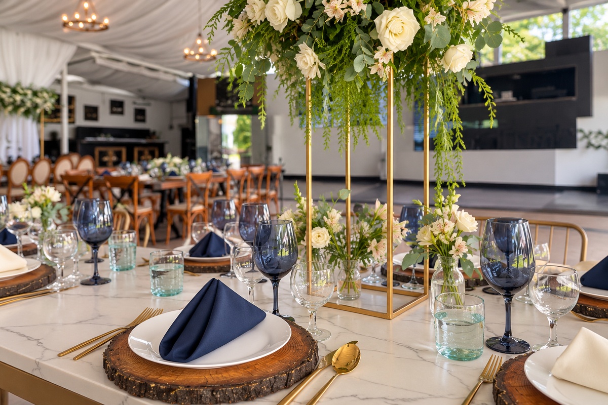 Mesa con servilletas azul marino, copas azules, platos blancos sobre bases de madera y un arreglo de flores blancas en estructura dorada.