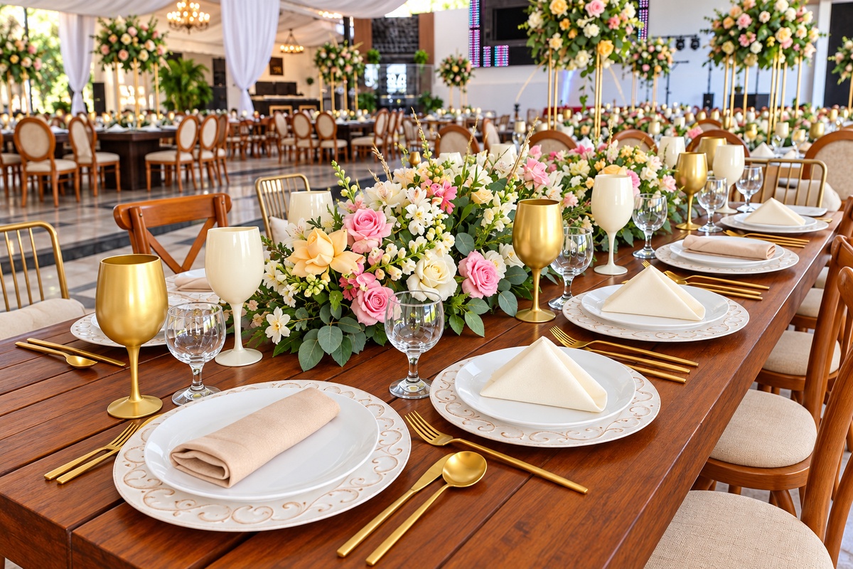Mesa de madera con flores rosas, blancas y amarillo pálido, copas doradas y marfil, vajilla blanca ornamentada y cubiertos dorados.