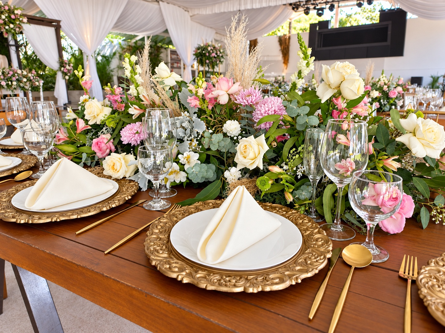 Mesa de madera con arreglo de flores rosas y blancas, follaje de eucalipto, platos base dorados, servilletas marfil y copas transparentes.