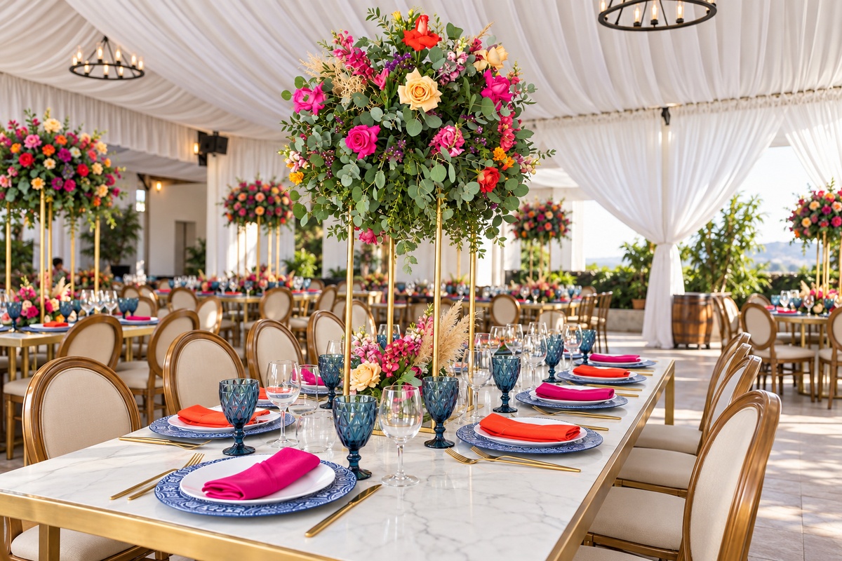 Mesa de mármol blanco con platos base azules, servilletas fucsias y naranjas, copas azules y un arreglo floral elevado sobre estructura dorada.
