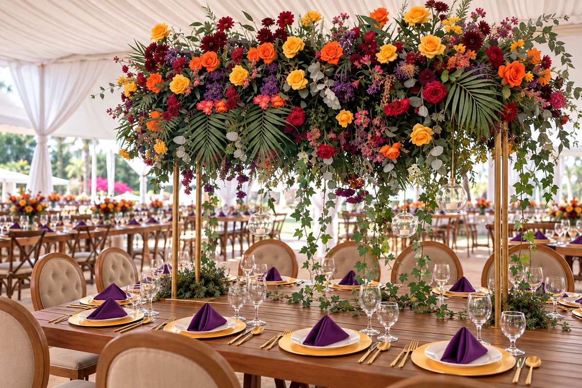 Mesa de madera con servilletas moradas, platos base dorados y arreglo elevado de flores naranjas, amarillas y vino con follaje y esferas de cristal colgantes.