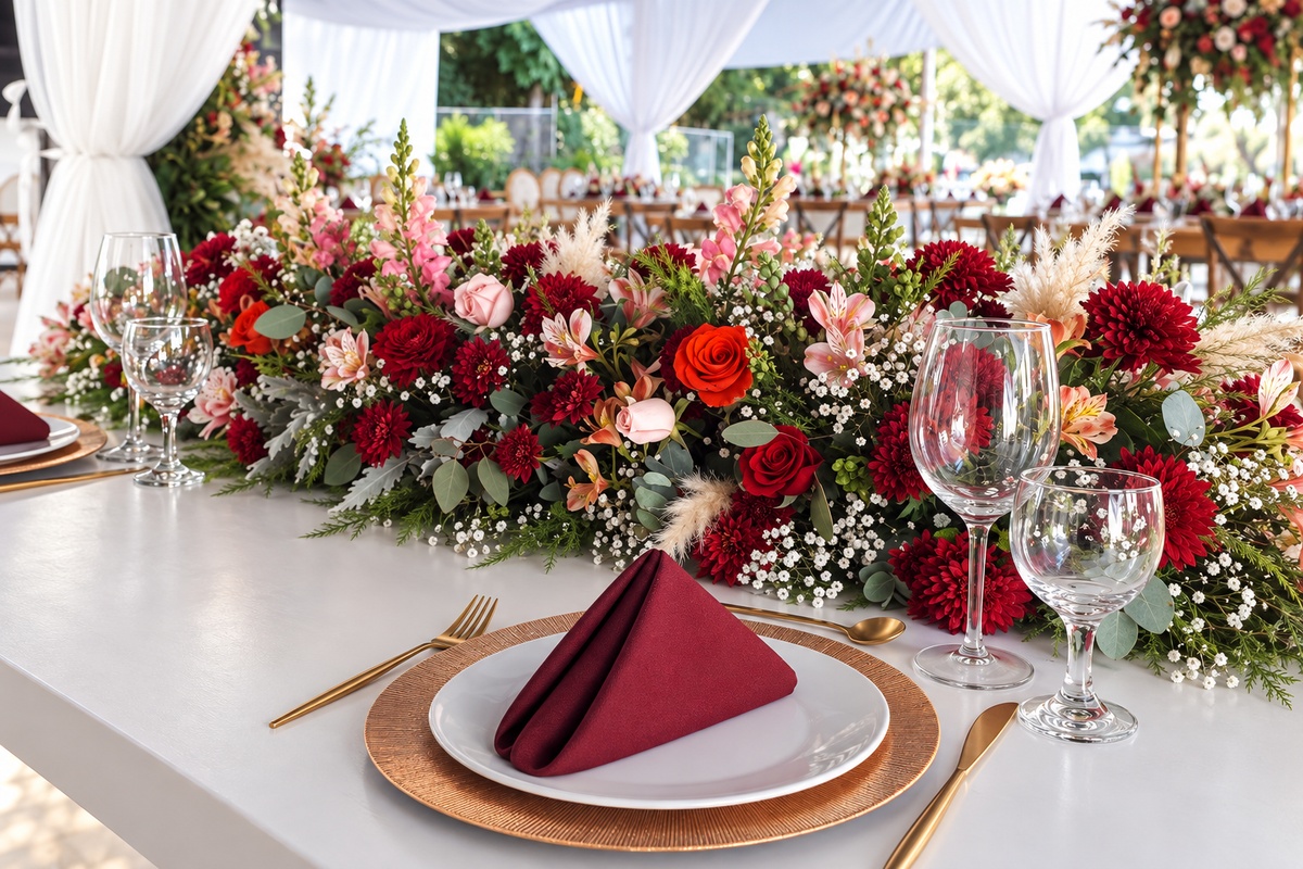 Mesa blanca con flores en tonos vino, rojo y rosa, follaje de eucalipto, plato base dorado, servilleta borgoña y copas transparentes.