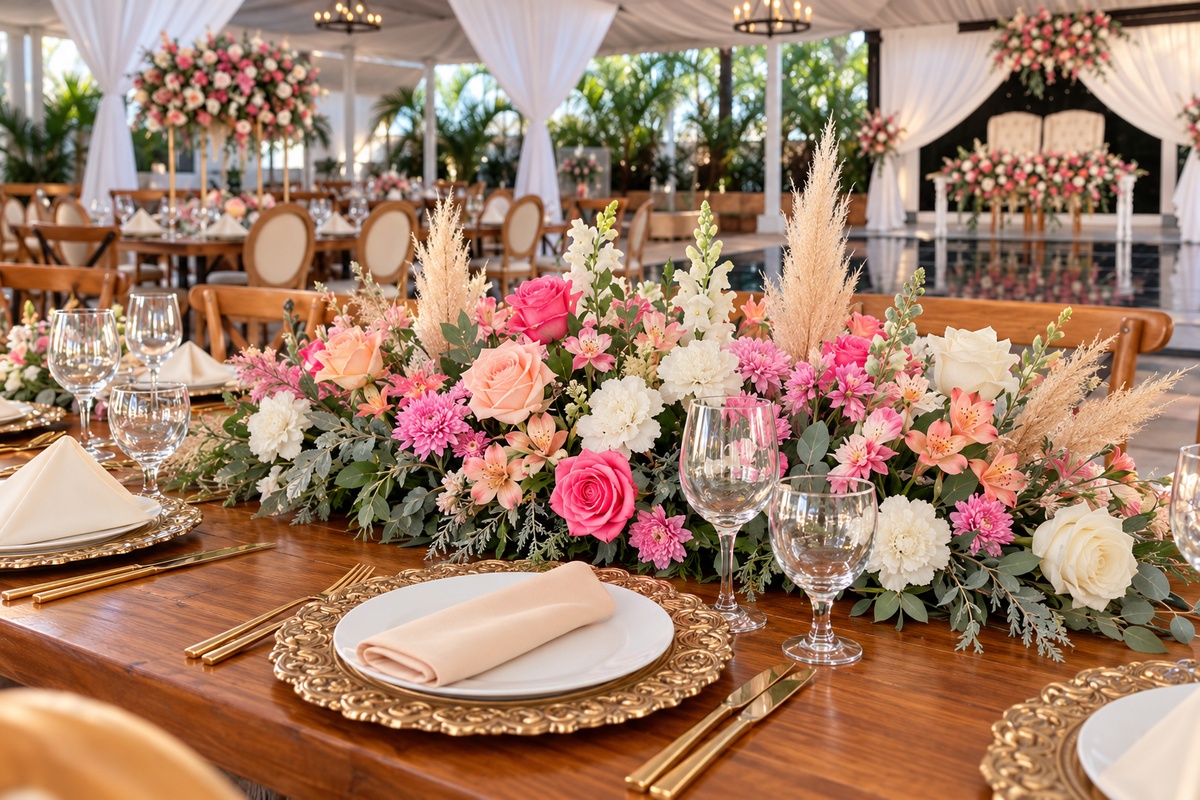 Mesa de madera con flores rosas y blancas, eucalipto y pampas, platos base dorados ornamentados, servilletas beige y marfil y copas transparentes.