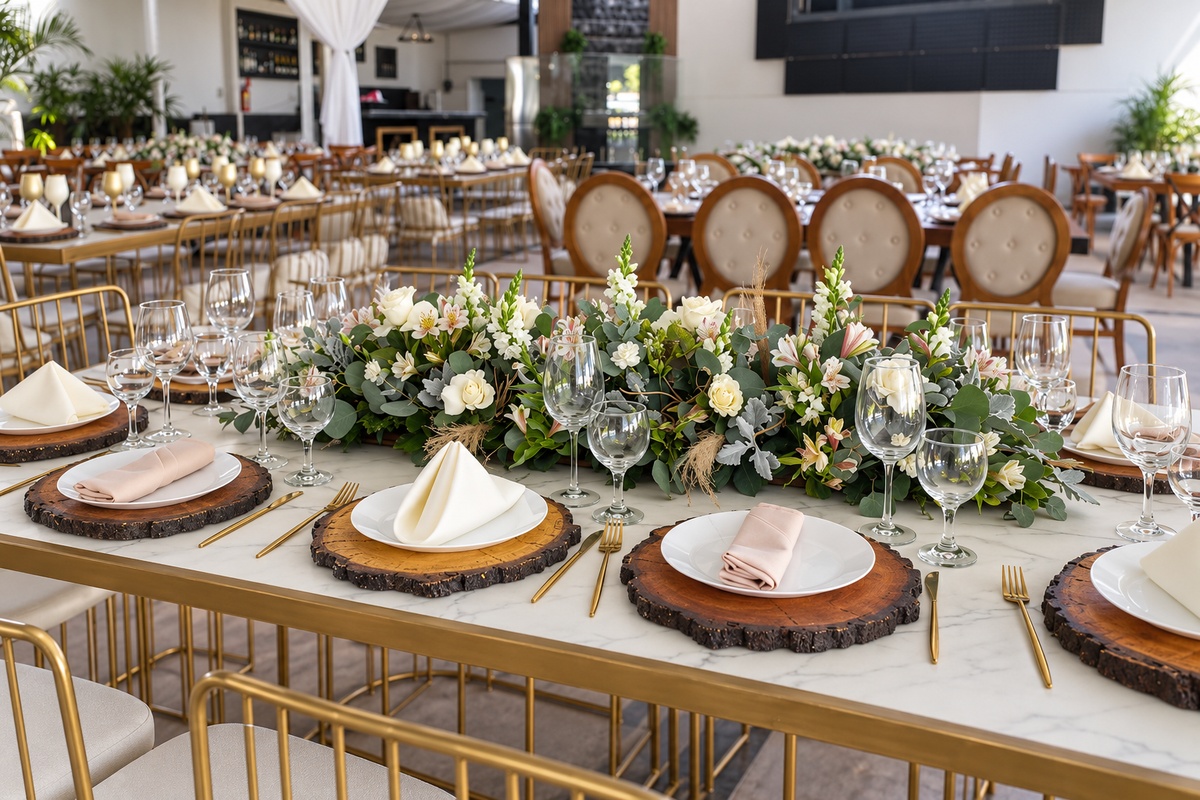 Mesa rectangular con centro de flores blancas y eucalipto, bases de madera, platos blancos, servilletas marfil y beige, copas transparentes y cubiertos dorados.