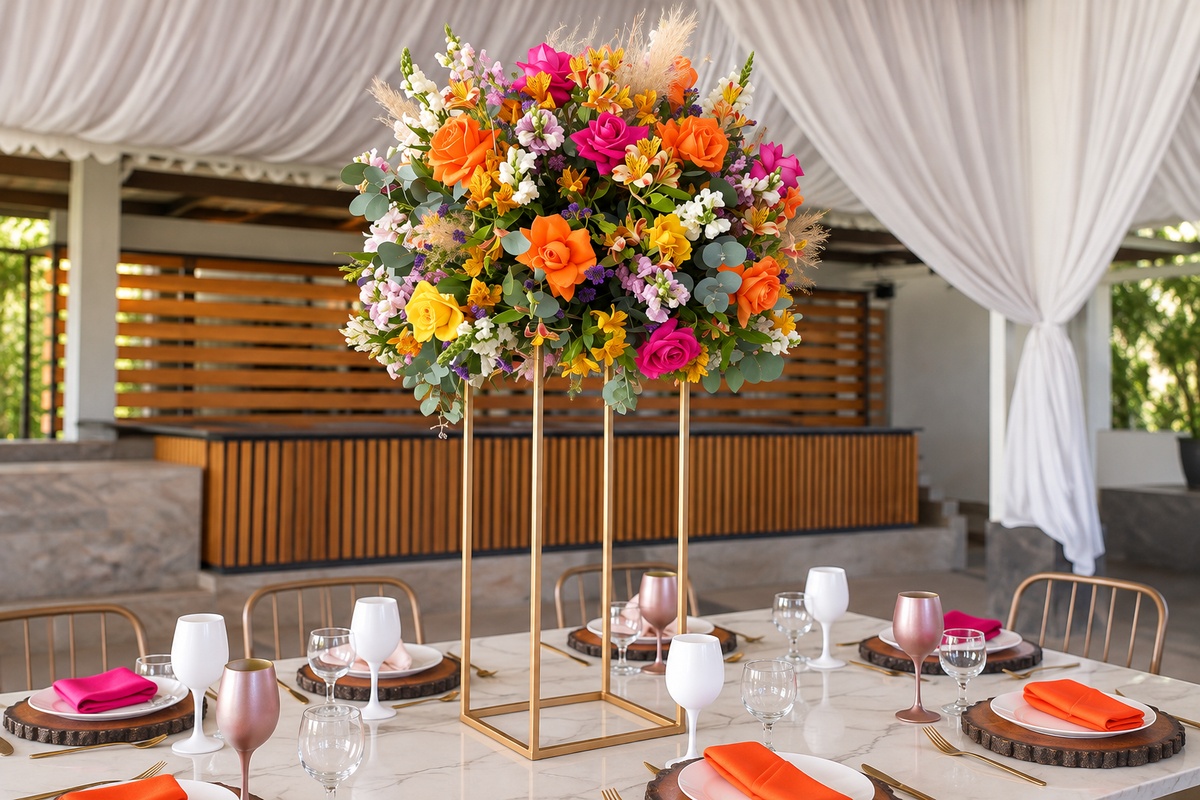 Arreglo elevado de flores naranjas, amarillas y fucsias sobre mesa con bases de madera, vajilla blanca, servilletas de colores y copas blancas y rosa metálico.