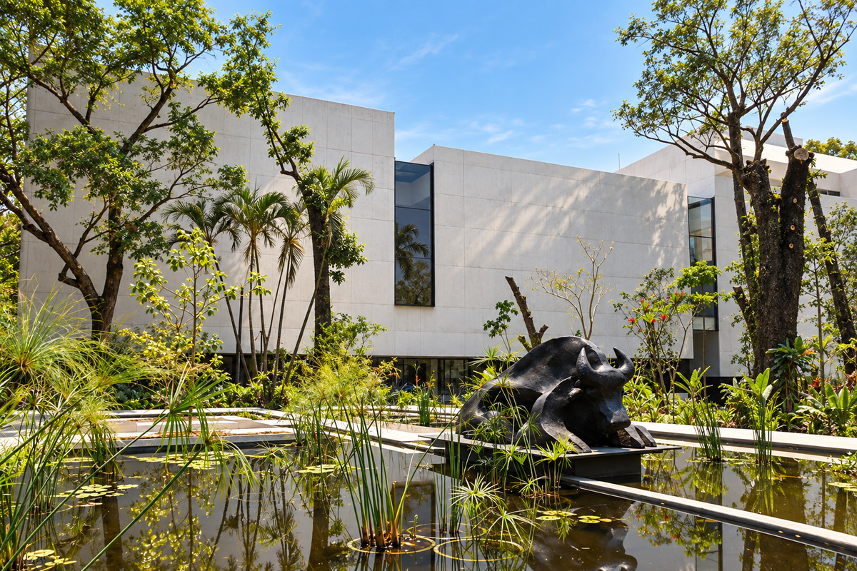 Garden at the Juan Soriano Museum in Cuernavaca, Morelos, with a bull sculpture, pond and white building.