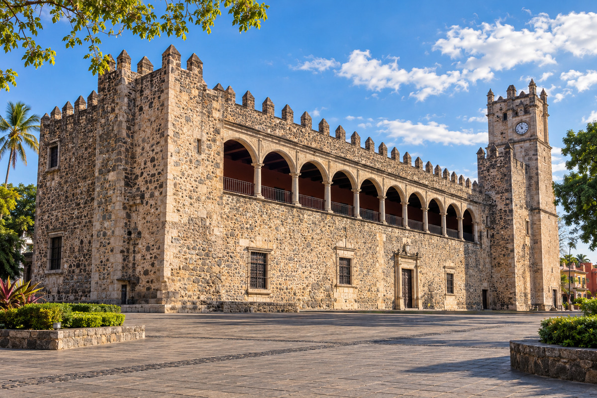 Palacio de Cortés in Cuernavaca, Morelos, with a stone facade, arched gallery and clock tower.
