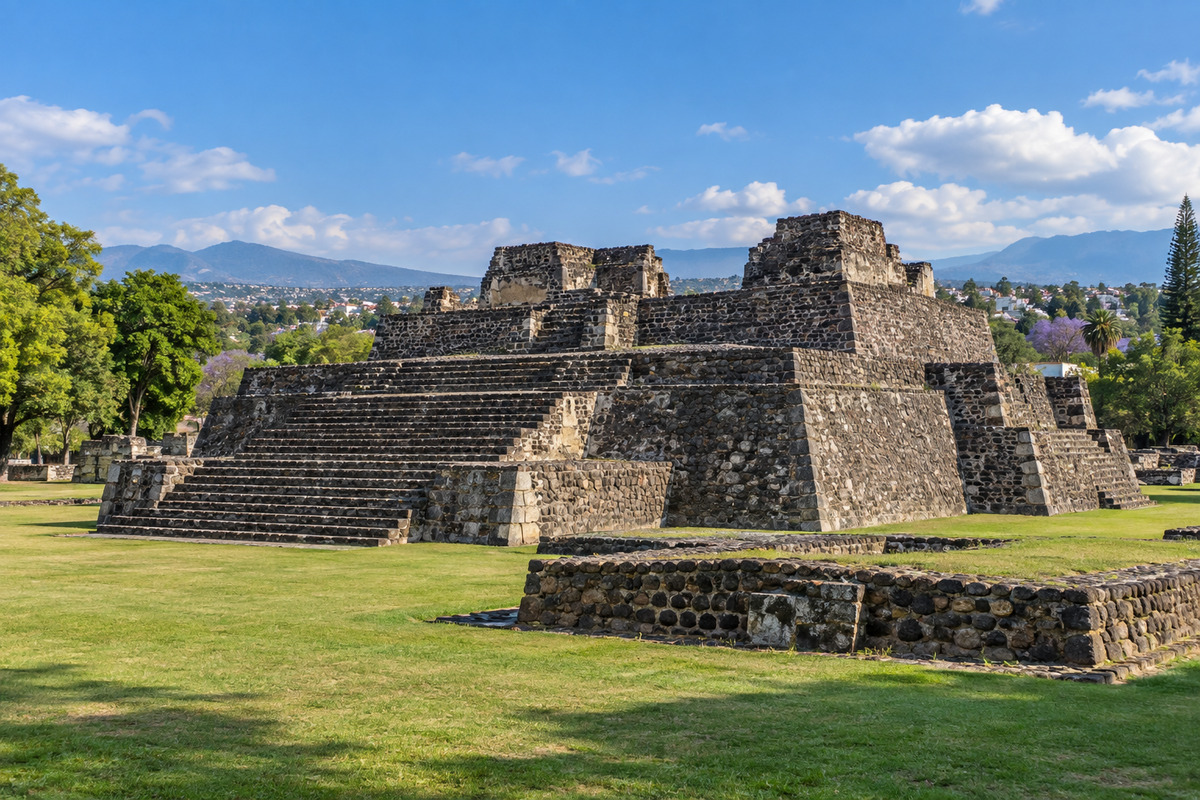 Stone pyramid platform with staircases at Teopanzolco in Cuernavaca, Morelos.
