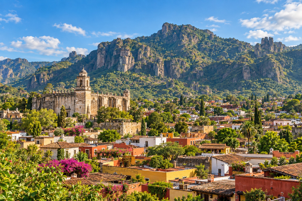 Vista de Tepoztlán, Morelos, con el exconvento de la Natividad, casas tradicionales y cerros del Tepozteco.