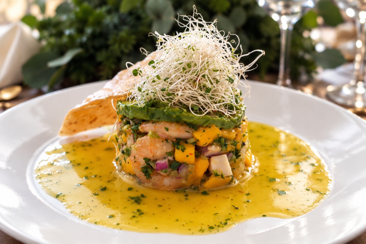 Terrina de mango con camarones, aguacate y germinados, acompañada de salsa y una tostada crujiente.