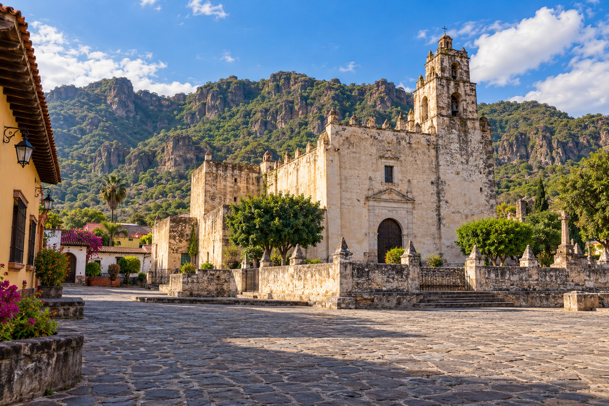 Former San Juan Bautista convent and mountain scenery in Tlayacapan, Morelos.