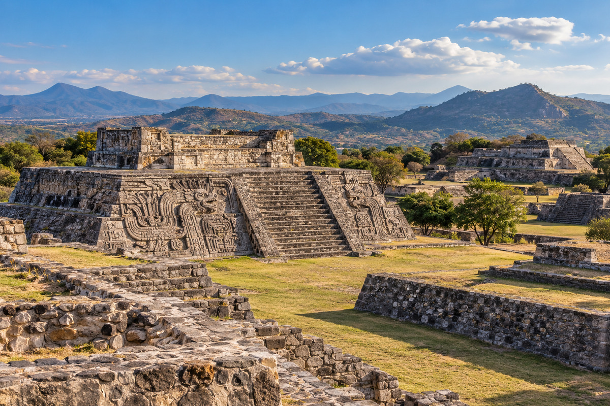 Pyramid with feathered serpent reliefs and a staircase at Xochicalco, Morelos.